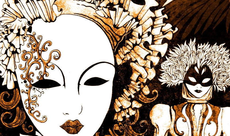 Illustrazione di maschere di carnevale con dettagli floreali e ornamenti.