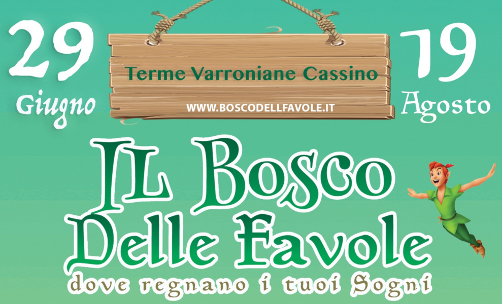 Locandina evento "Il Bosco delle Favole" dal 29 giugno al 19 agosto, con dettagli e logo.