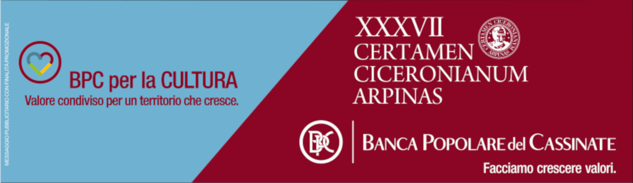 Logo BPC per la CULTURA e logo Certamen Ciceronianum Arpinas con logo Banca Popolare del Cassinate.