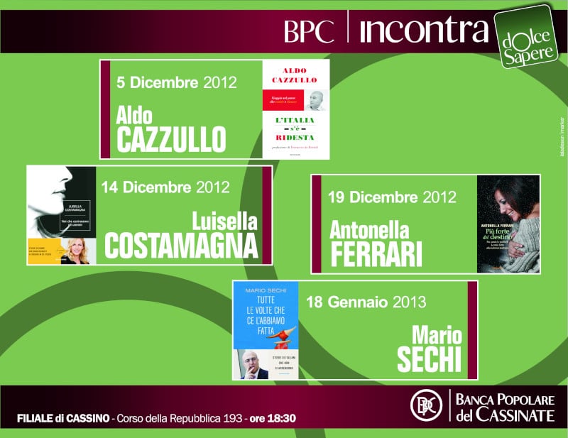 Locandina della rassegna letteraria 'Dolce Sapere' con date e autori degli incontri.