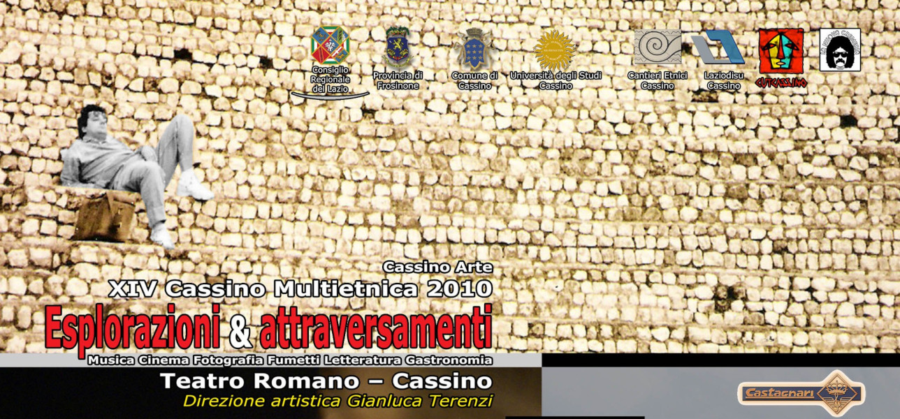 Locandina evento Cassino Multietnica XIV edizione con titolo "Esplorazioni & attraversamenti" e dettagli sul programma.