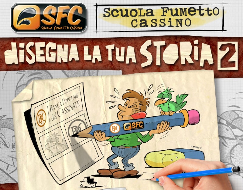 Locandina evento "Disegna la tua storia" seconda edizione con un personaggio che disegna e un pappagallo.