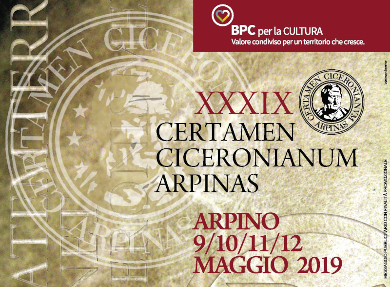 Locandina del Certamen Ciceronianum 2019 ad Arpino, date 9-12 maggio 2019.