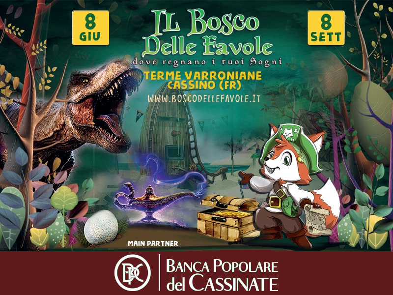 Locandina evento 'Il Bosco delle Favole 2019' con date e informazioni su location e sponsor.