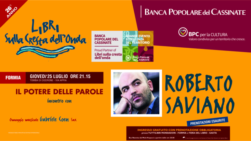 Locandina dell'evento 'Libri sulla cresta dell'Onda' con Roberto Saviano, data e orario indicati.