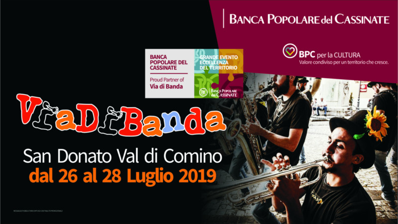Manifesto dell'evento 'Via di Banda 2019: Cammina nella musica' a San Donato Val di Comino, dal 26 al 28 luglio 2019.