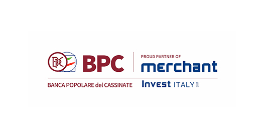 Logo BPC e Invest Italy con la dicitura 'proud partner of merchant