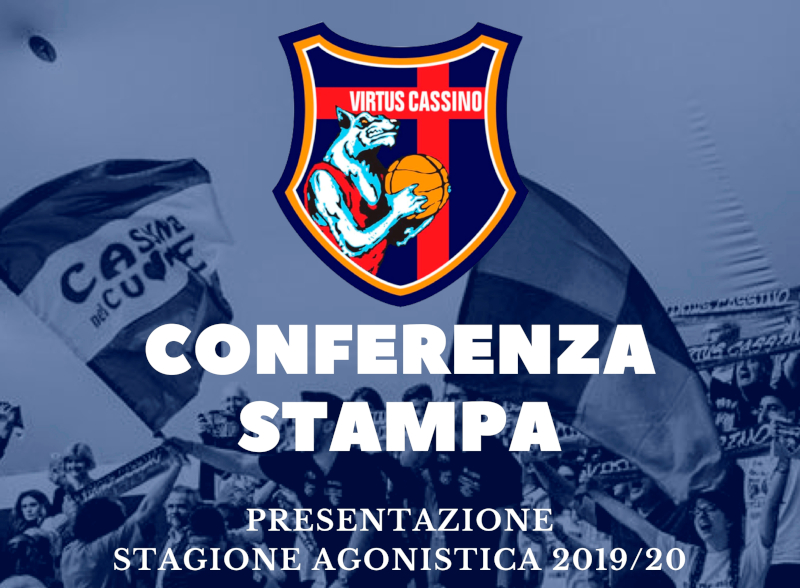 Logo Virtus Cassino con il testo 'CONFERENZA STAMPA' e 'PRESENTAZIONE STAGIONE AGONISTICA 2019/20'.