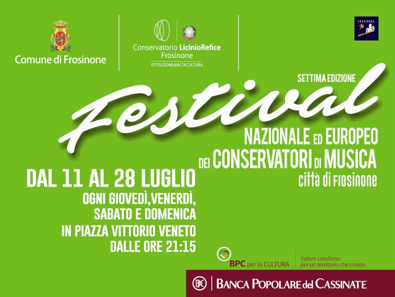 Locandina del Festival Nazionale ed Europeo dei Conservatori di Musica, Città di Frosinone, dal 11 al 28 luglio.
