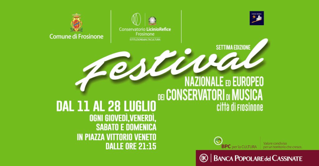 Manifesto del Festival Nazionale ed Europeo dei Conservatori di Musica, città di Frosinone, dal 11 al 28 luglio.