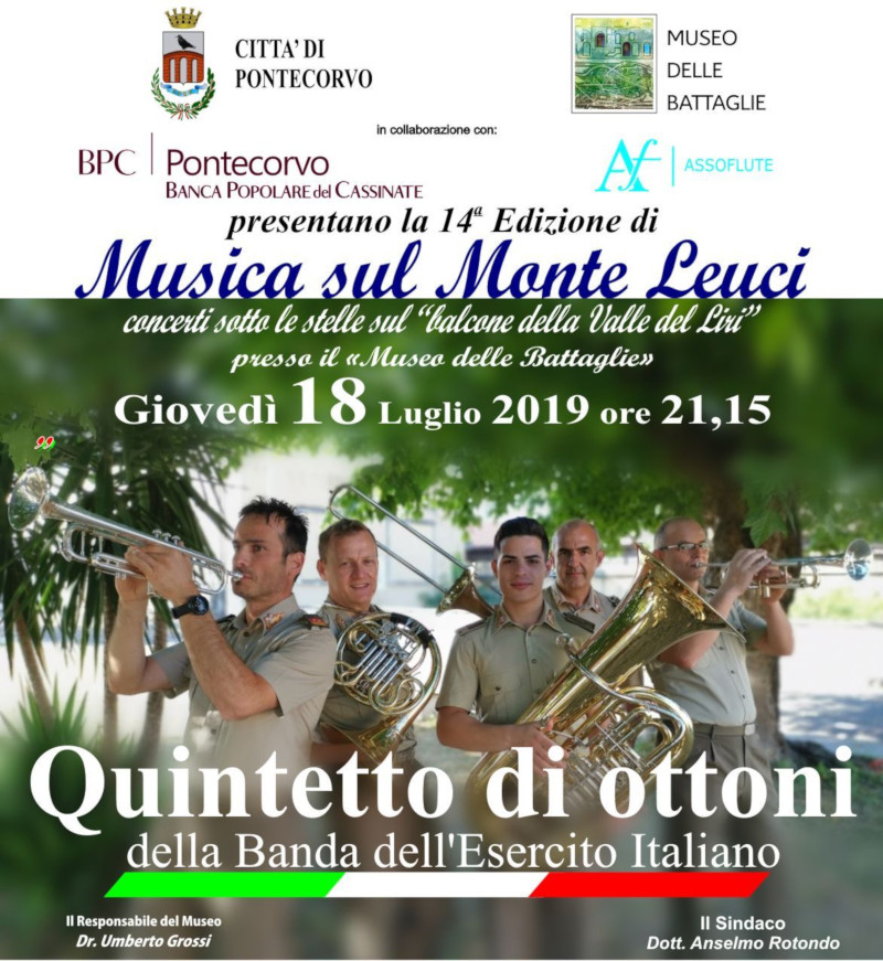 Locandina della 14ª Edizione di Musica sul Monte Leuci con dettagli sull'evento e un quintetto di ottoni.