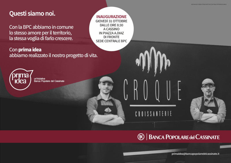 Inaugurazione del progetto Croque con dettagli sull'evento e logo Banca Popolare del Cassinate.