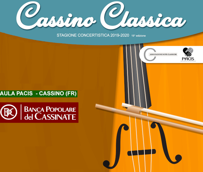 Manifesto dell'evento Cassino Classica 2019-2020 con un violino e dettagli dell'evento.