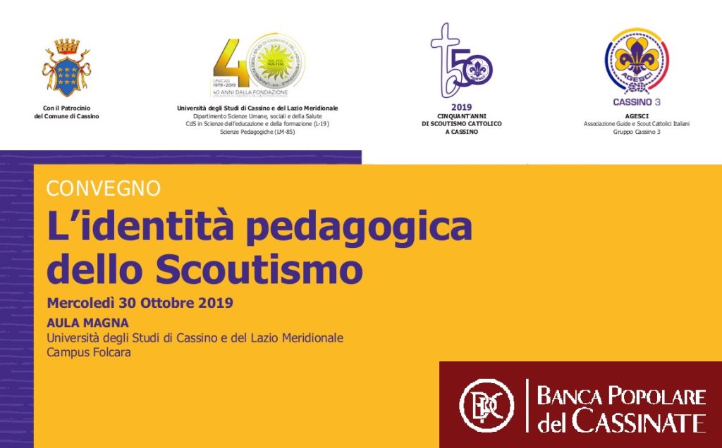 Locandina del convegno 'L'identità pedagogica dello Scoutismo', Università degli Studi di Cassino, 30 ottobre 2019.