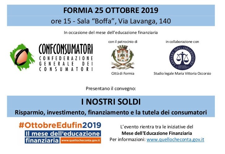 Locandina del convegno "I nostri soldi" su risparmio e tutela del consumatore, 25 ottobre 2019.