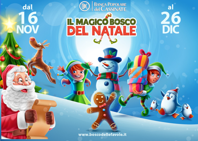 Manifesto dell'evento 'Il Magico Bosco di Natale' con Babbo Natale, pupazzi di neve e personaggi festivi.