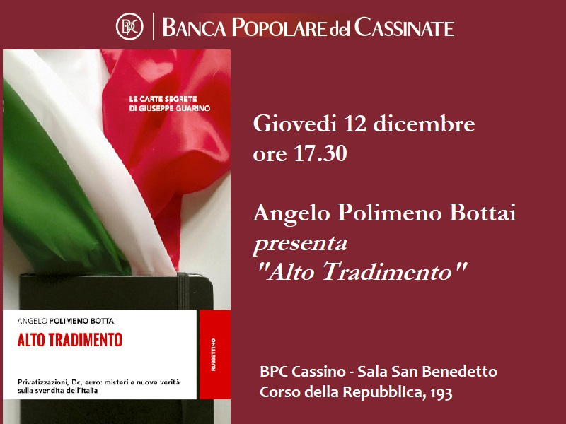 Locandina evento di presentazione del libro "Alto Tradimento" di Angelo Polimeno Bottai, con dettagli su data e luogo.