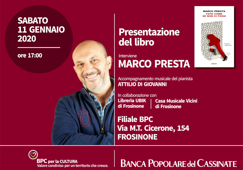 Locandina evento con dettagli su presentazione libro di Marco Presta il 11 gennaio 2020.