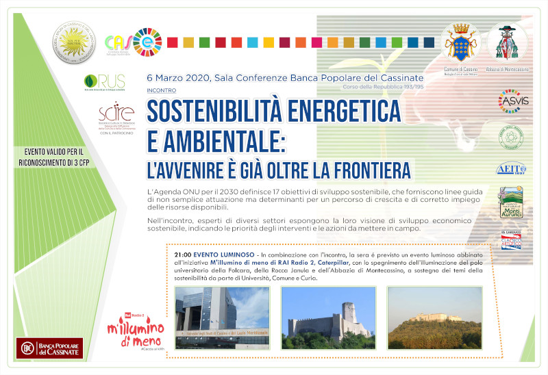 Locandina dell'evento 'Sostenibilità energetica e ambientale: l’avvenire è già oltre la frontiera'.