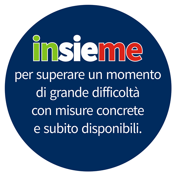 Testo promozionale su aiuti alle imprese: "insieme per superare un momento di grande difficoltà con misure concrete e subito disponibili.