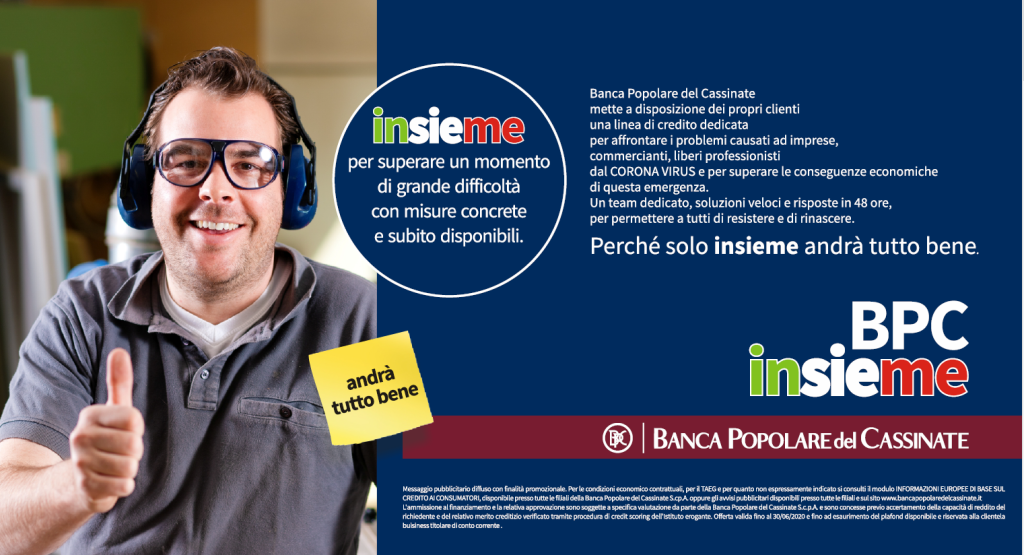 Un uomo sorridente con occhiali e pollice in su, promuove il programma 'BPC Insieme' della Banca Popolare del Cassinate.
