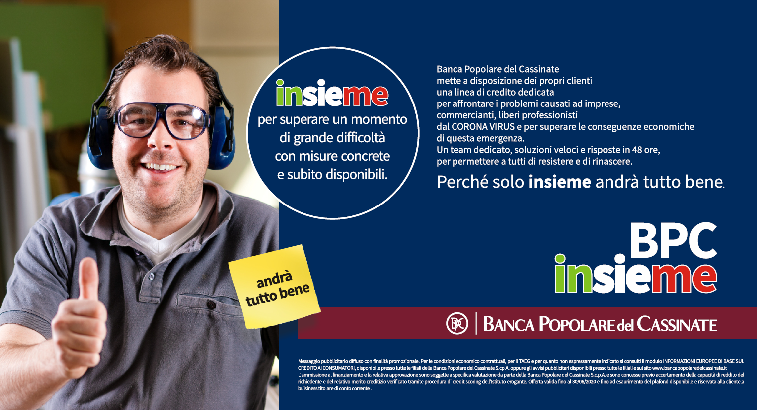 Un uomo sorridente con occhiali e pollice in su, promuove il programma 'BPC Insieme' della Banca Popolare del Cassinate.