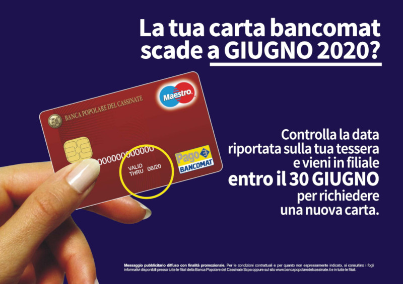 Carta bancomat con scadenza a Giugno 2020, istruzioni per richiedere una nuova carta.