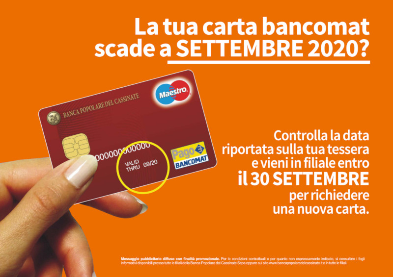 Carta bancomat con scadenza a settembre 2020 e istruzioni per richiedere una nuova carta.