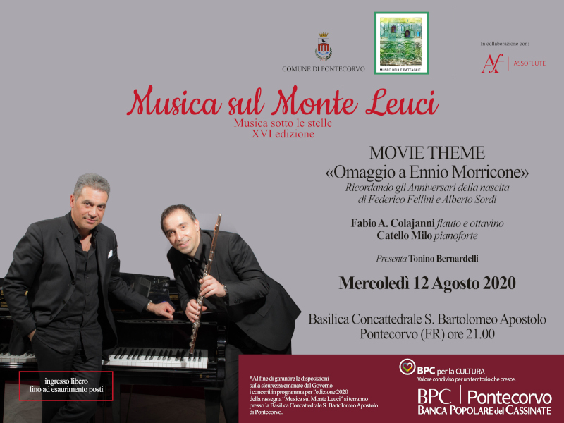 Manifesto dell'evento 'Musica sul Monte Leuci – Musica Sotto Le Stelle' con dettagli su data e artisti.