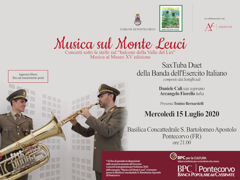 Locandina evento 'Musica sul Monte Leuci' con dettagli sul Saxa Tuba Duet, 15 luglio 2020, Pontecorvo.