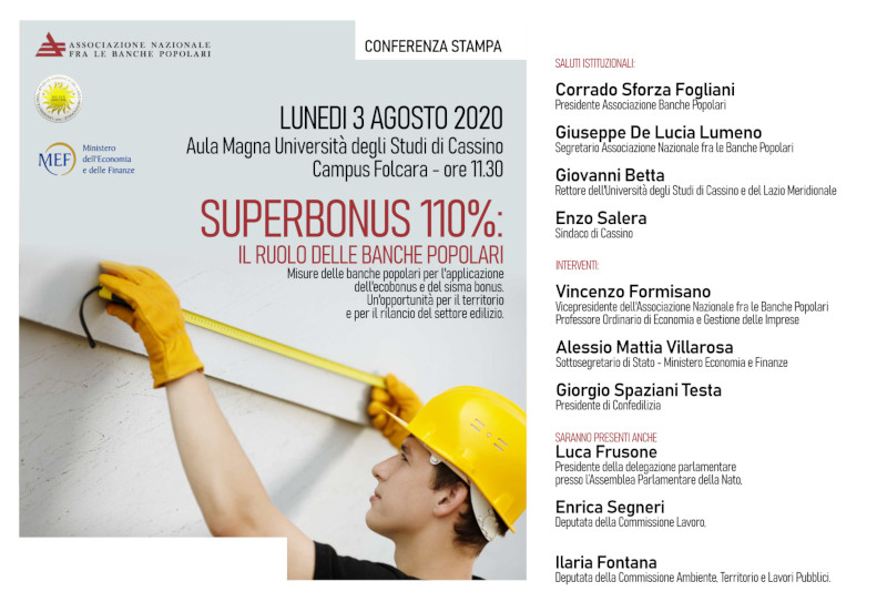 Locandina della conferenza stampa sul Superbonus 110% con dettagli sull'evento e i relatori.