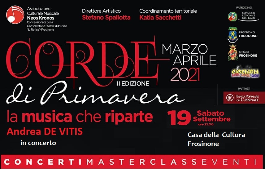 Locandina evento Corde di Primavera con titolo, data e dettagli sul concerto di Andrea De Vitis a Frosinone.