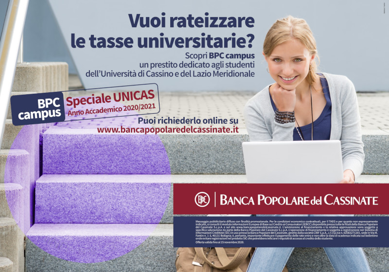 Locandina che promuove il prestito BPC Campus per studenti universitari.