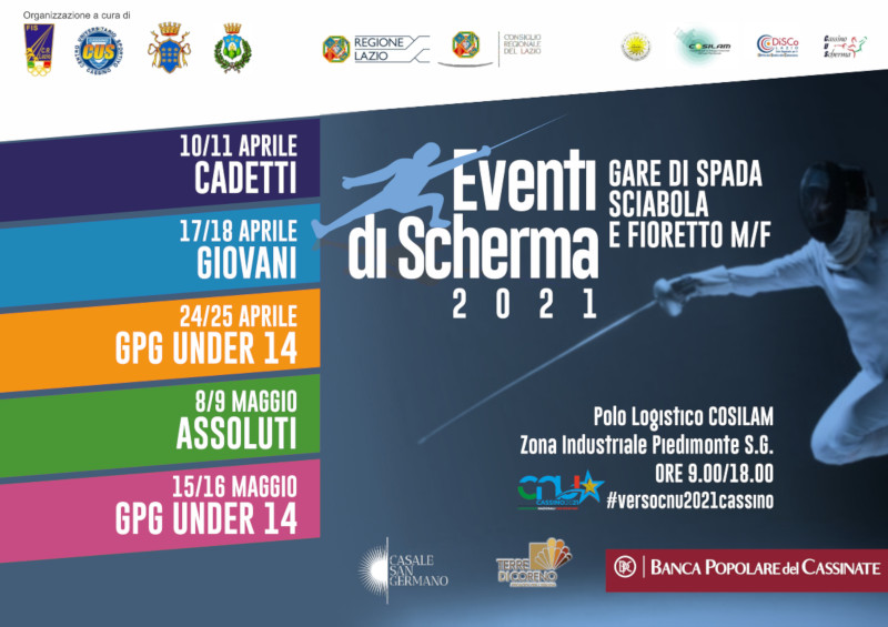 Locandina eventi di scherma 2021 con date e categorie delle gare.