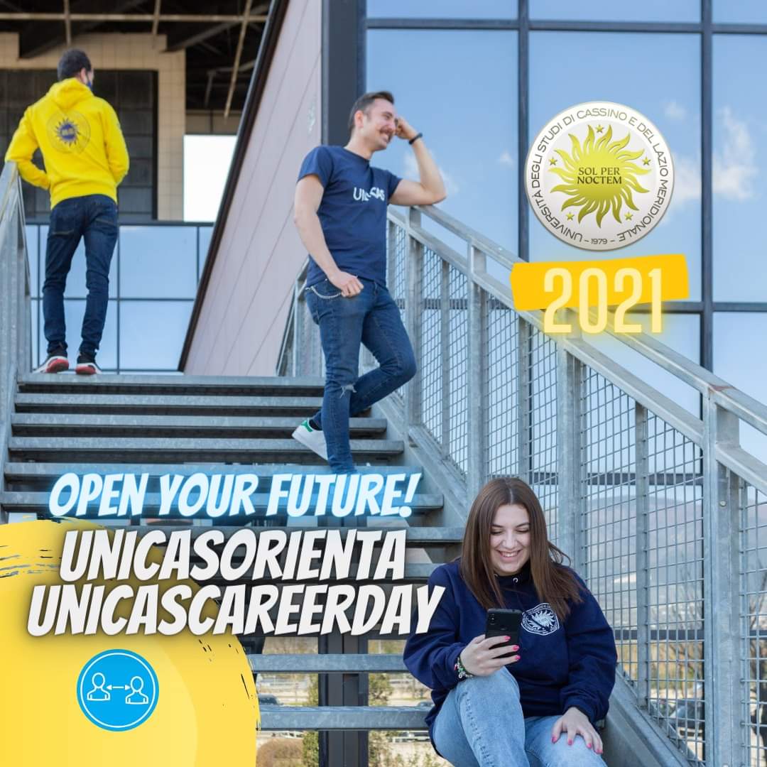 Locandina dell'evento UnicasOrienta 2021 con il titolo 'Open your future!' e immagini di giovani su una scala.