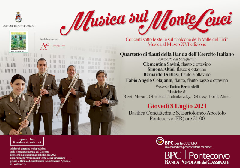 Locandina dell'evento 'Musica sul Monte Leuci' con dettagli sui concerti e artisti.