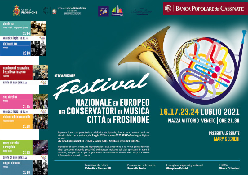 Locandina del Festival Nazionale ed Europeo dei Conservatori di Musica, Città di Frosinone, 16-24 luglio 2021.
