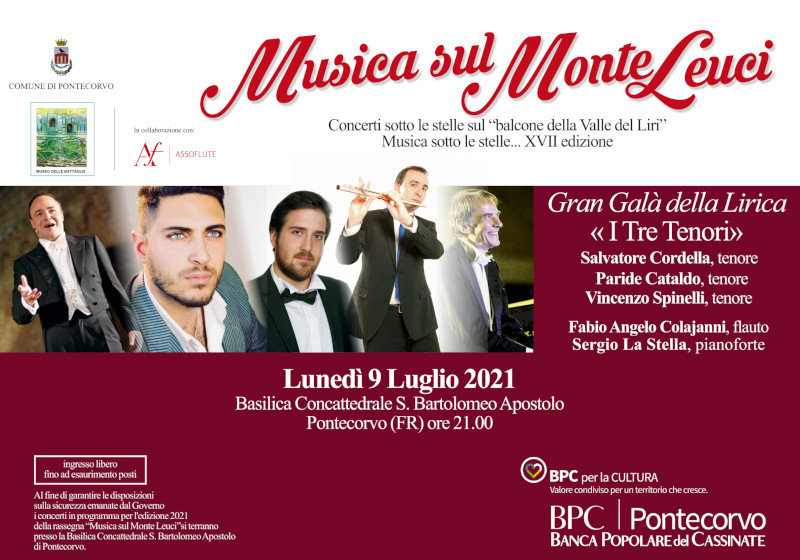 Locandina del concerto 'Musica sul Monte Leuci' con dettagli sull'evento.