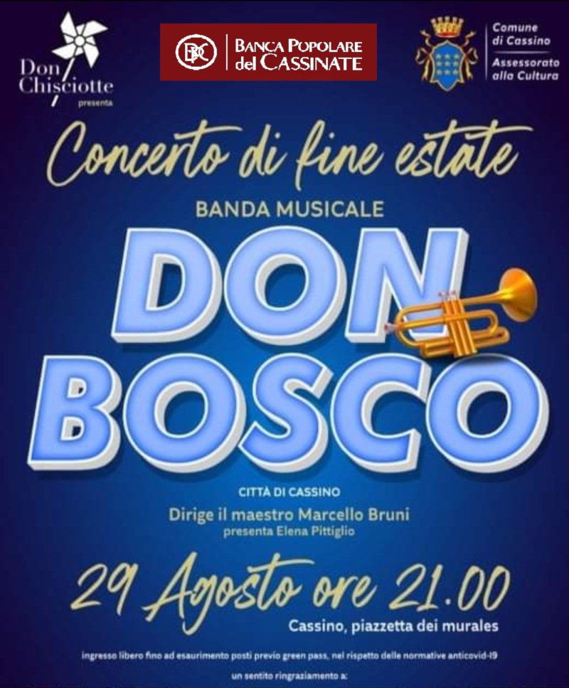 Manifesto del concerto di fine estate della banda musicale Don Bosco, 29 agosto ore 21.00 a Cassino.