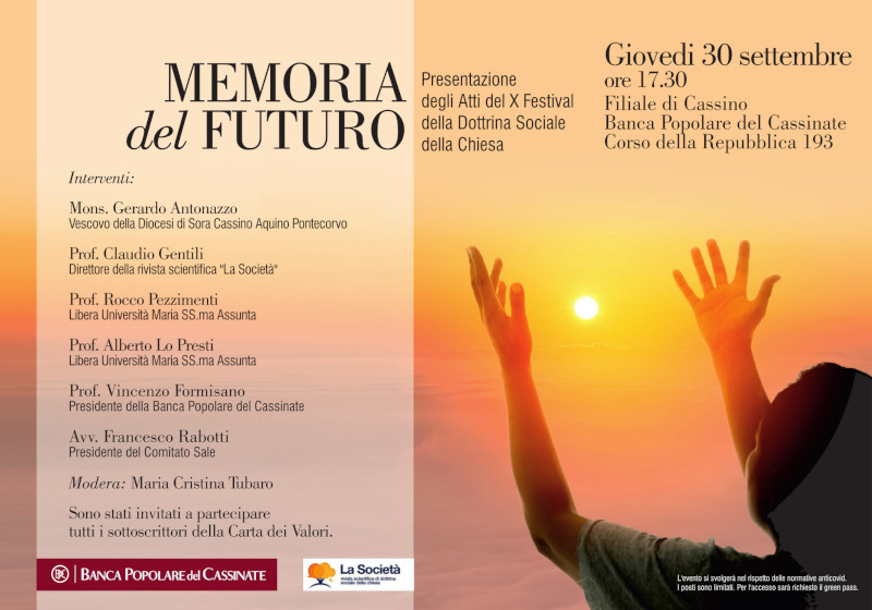 Locandina evento 'Memoria del Futuro' con dettagli su relatori e data.