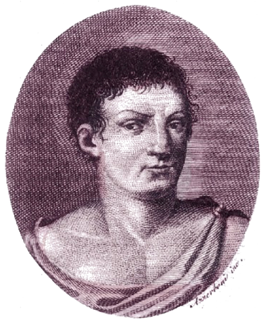 Ritratto di Giovenale, poeta romano, con capelli ricci e sguardo serio.