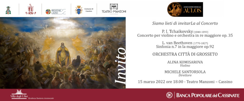 Invito al concerto dell'Orchestra Città di Grosseto con dettagli su compositori e musicisti.