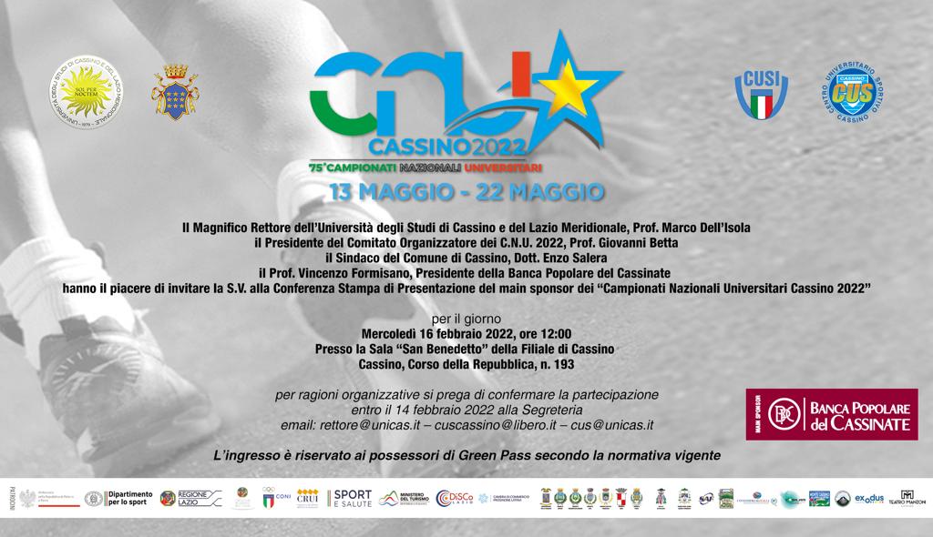 Locandina della conferenza stampa di presentazione del CNU 2022 a Cassino, con dettagli sull'evento.
