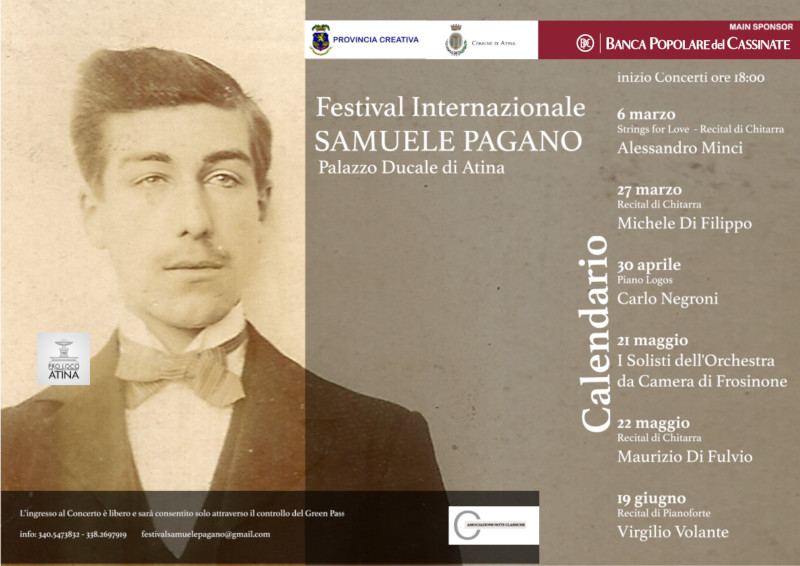 Manifesto del Festival Internazionale Samuele Pagano con dettagli sugli eventi e il calendario.