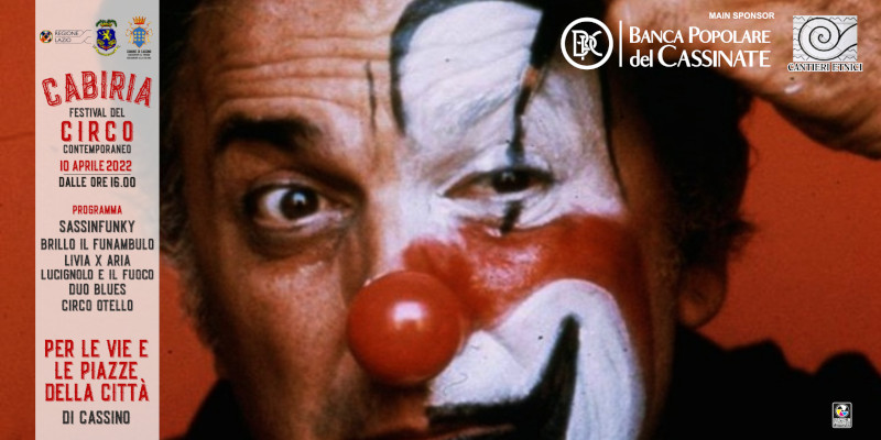 Locandina del festival Cabiria con clown e dettagli dell'evento.