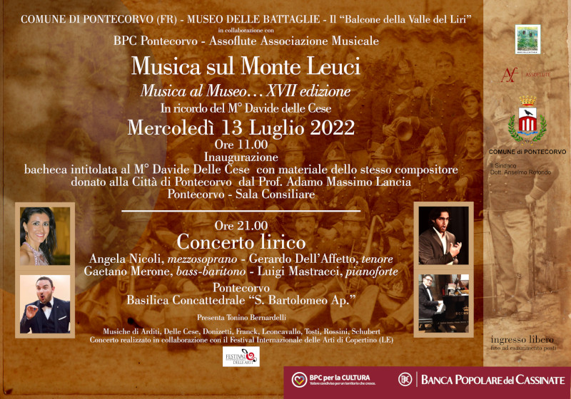 Locandina dell'evento 'Musica sul Monte Leuci' con dettagli su inaugurazione e concerto lirico.