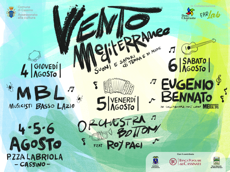 Manifesto del Festival Vento Mediterraneo con date e artisti.