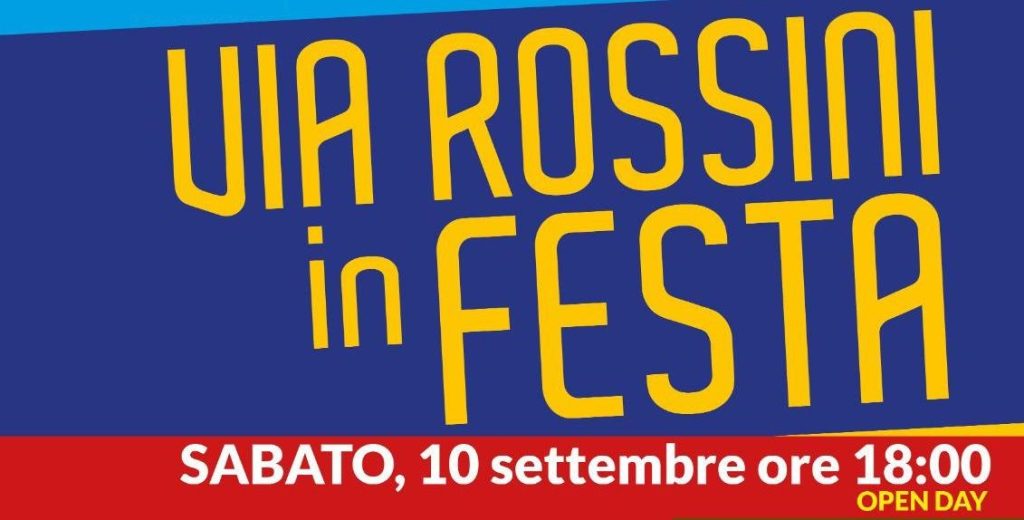 Manifesto dell'evento 'Via Rossini in Festa' con data e ora.