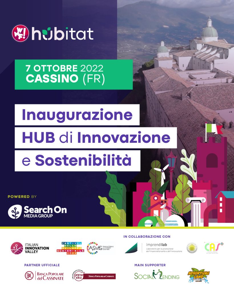 Locandina dell'evento 'Inaugurazione HUB di Innovazione e Sostenibilità' a Cassino il 7 ottobre 2022.