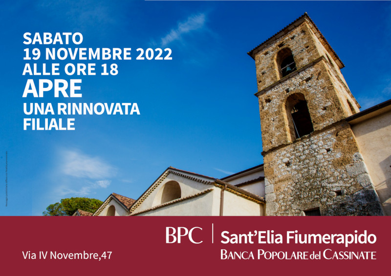Locandina per l'inaugurazione della rinnovata filiale di Sant'Elia F.R. con data e orario.